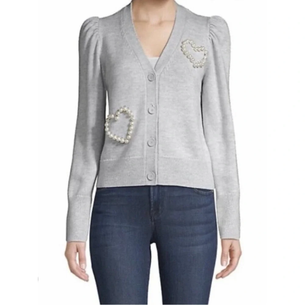 KATE SPADE NY NWOT Pearl Pave Heart Cardigan in Heather Gray, XL ($368)‎